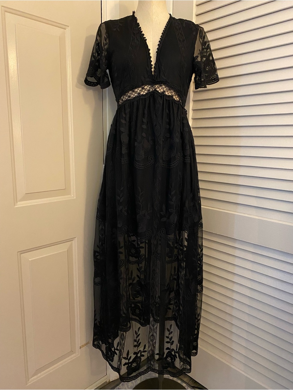 Black Lace Overlay Maxi Dress - Elegant Evening Dress- Size Small